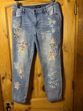 bebe Light Blue Boyfriend Jeans with Multicolor Floral Embroidery